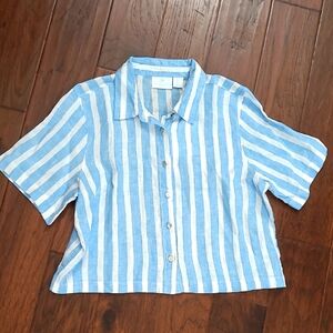 NWT Cynthia Rowley 100% Linen Blue & White Vertically Striped Top size Large